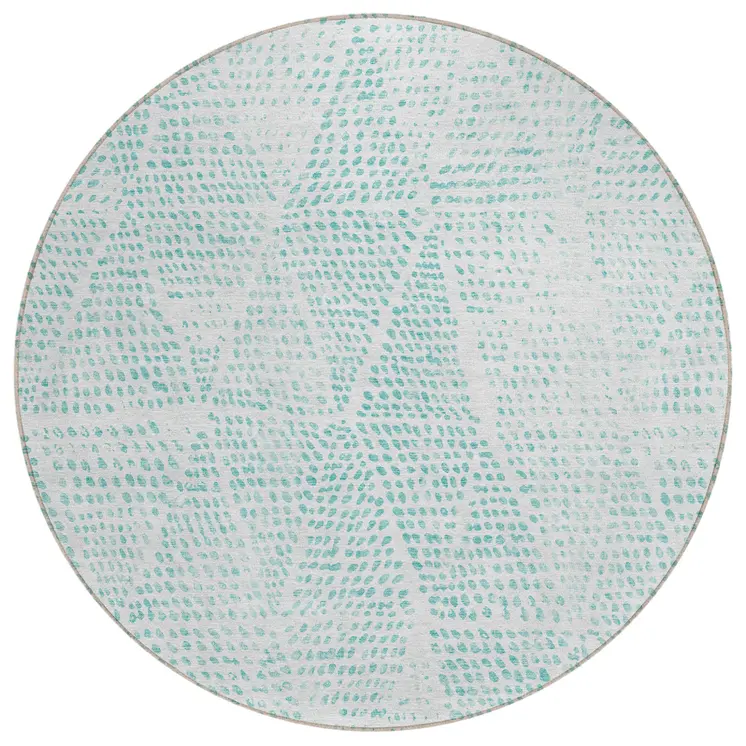 8' Aqua And Ivory Round Geometric Washable Indoor Outdoor Area Rug