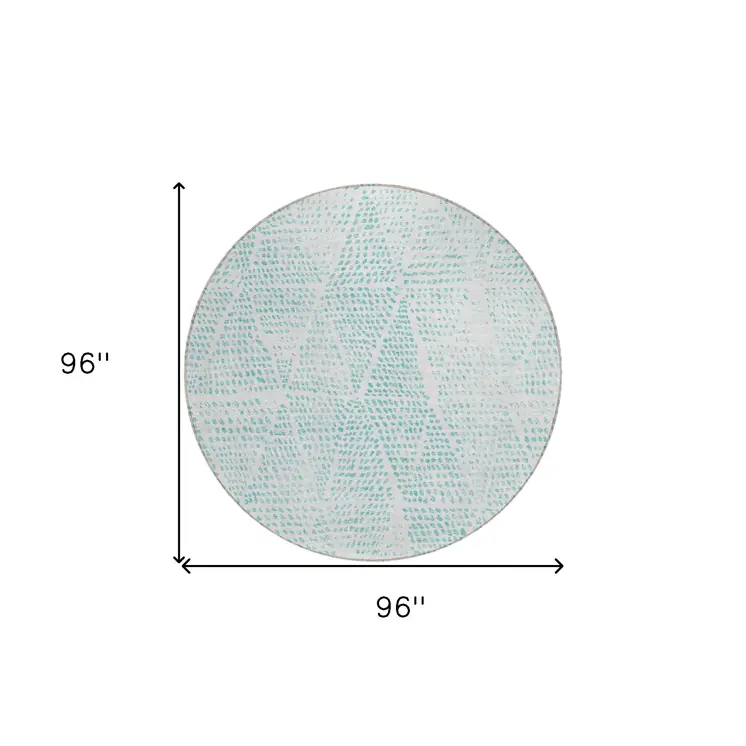 8' Aqua And Ivory Round Geometric Washable Indoor Outdoor Area Rug