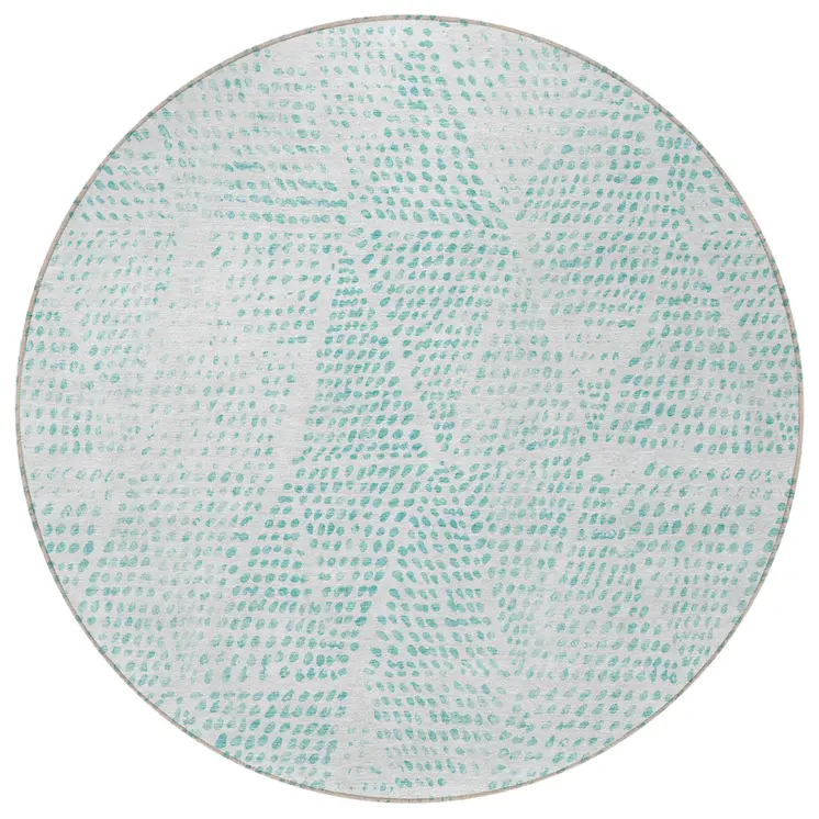 8' Aqua And Ivory Round Geometric Washable Indoor Outdoor Area Rug