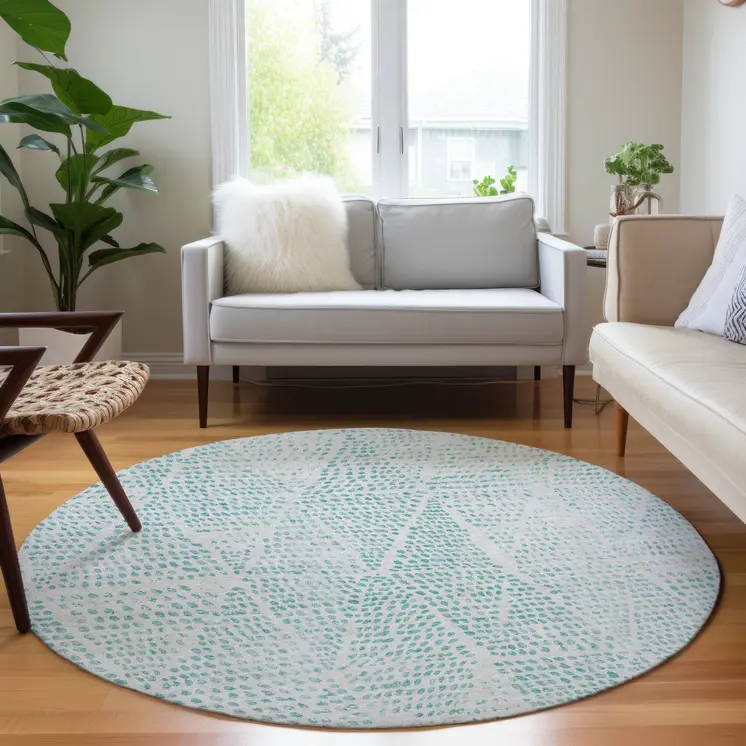 8' Aqua And Ivory Round Geometric Washable Indoor Outdoor Area Rug
