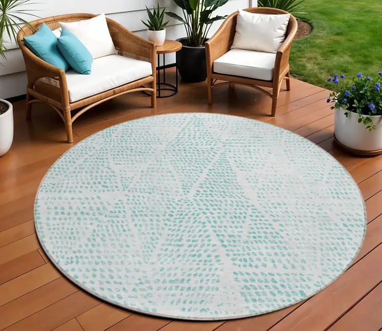 8' Aqua And Ivory Round Geometric Washable Indoor Outdoor Area Rug