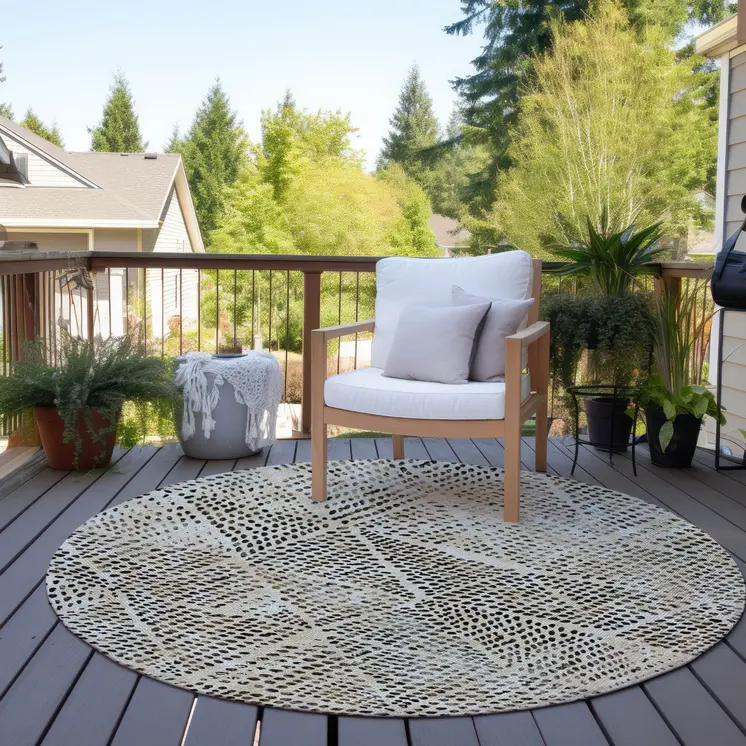 8' Beige Ivory And Black Round Geometric Washable Indoor Outdoor Area Rug