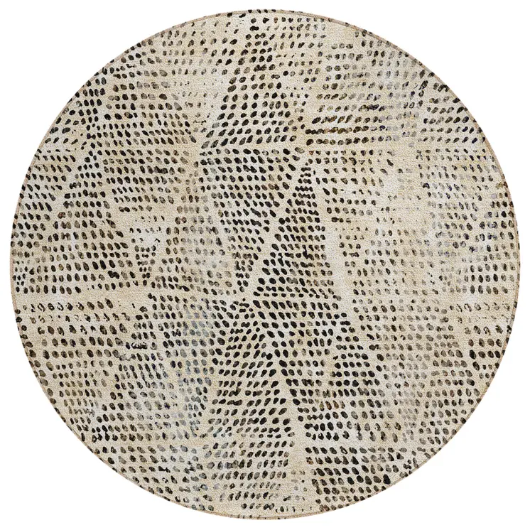 8' Beige Ivory And Black Round Geometric Washable Indoor Outdoor Area Rug