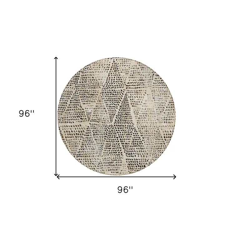 8' Beige Ivory And Black Round Geometric Washable Indoor Outdoor Area Rug