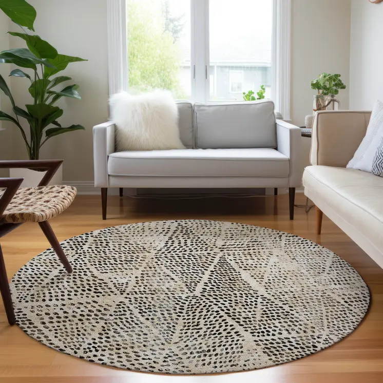 8' Beige Ivory And Black Round Geometric Washable Indoor Outdoor Area Rug