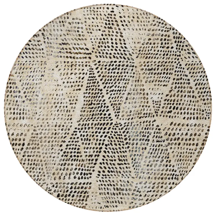 8' Beige Ivory And Black Round Geometric Washable Indoor Outdoor Area Rug