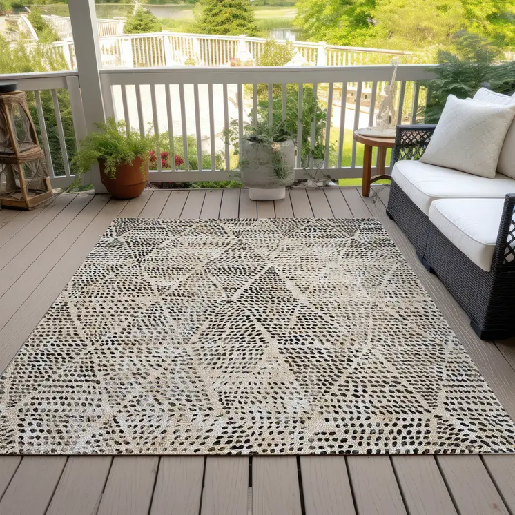 9' X 12' Beige Ivory And Black Geometric Washable Indoor Outdoor Area Rug
