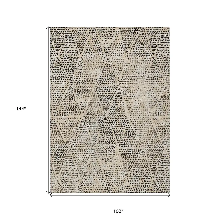 9' X 12' Beige Ivory And Black Geometric Washable Indoor Outdoor Area Rug