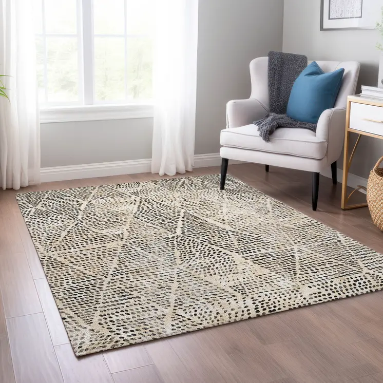 9' X 12' Beige Ivory And Black Geometric Washable Indoor Outdoor Area Rug