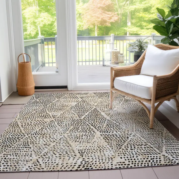 9' X 12' Beige Ivory And Black Geometric Washable Indoor Outdoor Area Rug