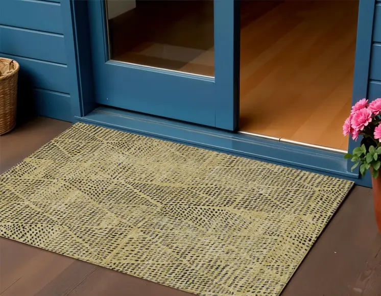 3' X 5' Gold Black And Charcoal Geometric Washable Indoor Outdoor Area Rug