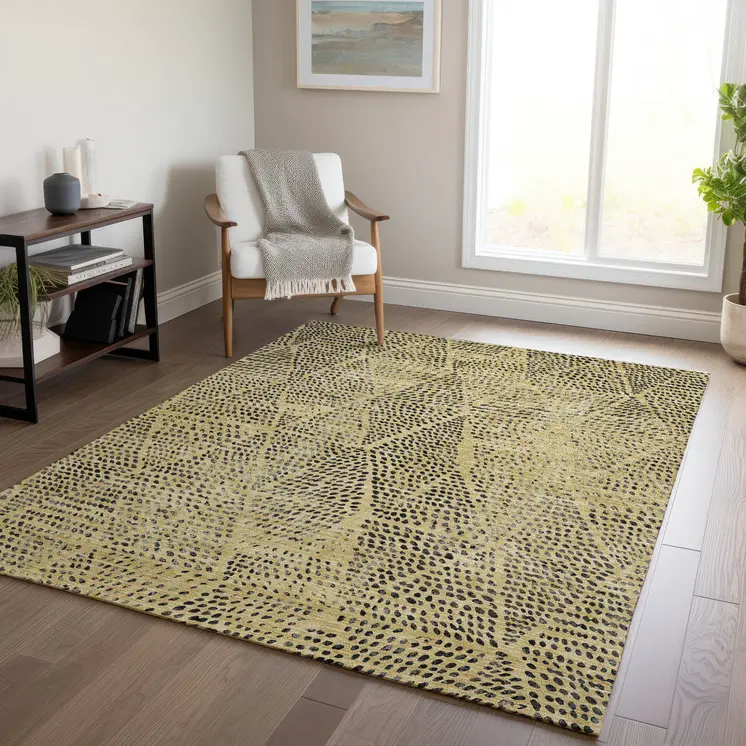 5' X 8' Gold Black And Charcoal Geometric Washable Indoor Outdoor Area Rug