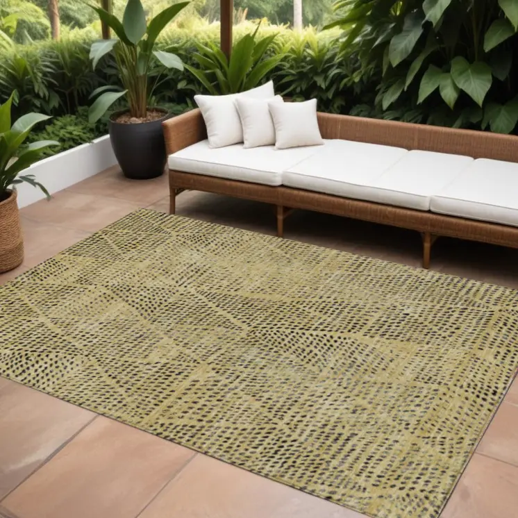 8' X 10' Gold Black And Charcoal Geometric Washable Indoor Outdoor Area Rug