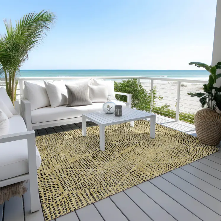 9' X 12' Gold Black And Charcoal Geometric Washable Indoor Outdoor Area Rug