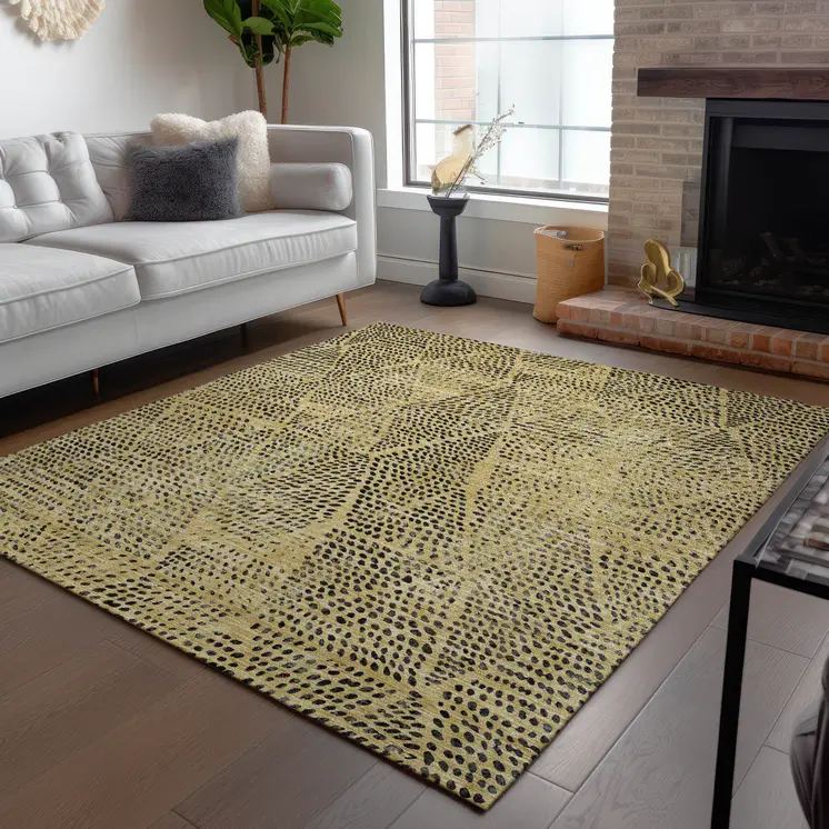 9' X 12' Gold Black And Charcoal Geometric Washable Indoor Outdoor Area Rug
