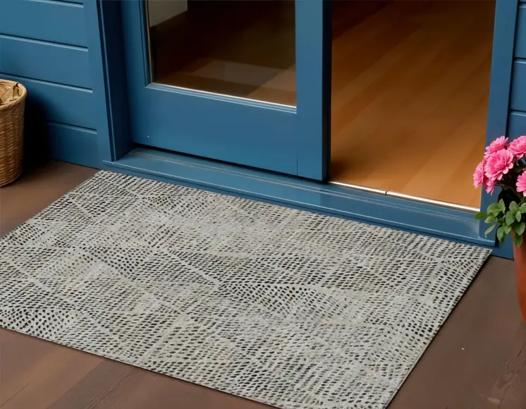 3' X 5' Gray Beige And Black Geometric Washable Indoor Outdoor Area Rug