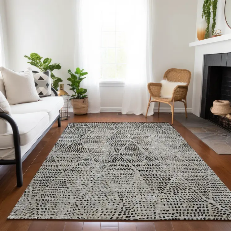 3' X 5' Gray Beige And Black Geometric Washable Indoor Outdoor Area Rug