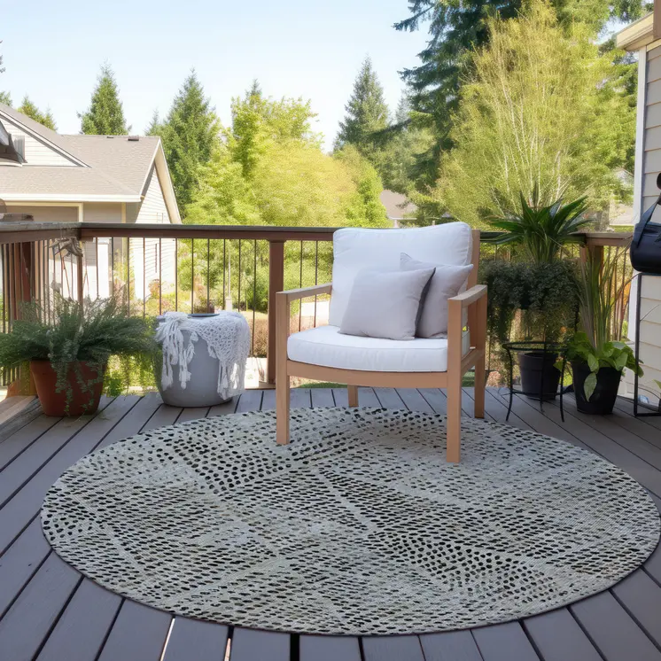 8' Gray Beige And Black Round Geometric Washable Indoor Outdoor Area Rug