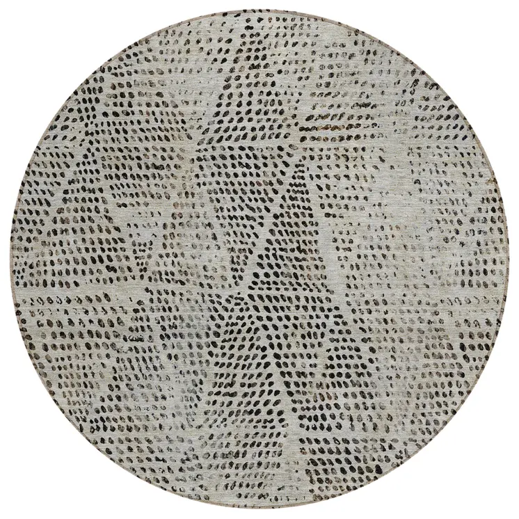 8' Gray Beige And Black Round Geometric Washable Indoor Outdoor Area Rug