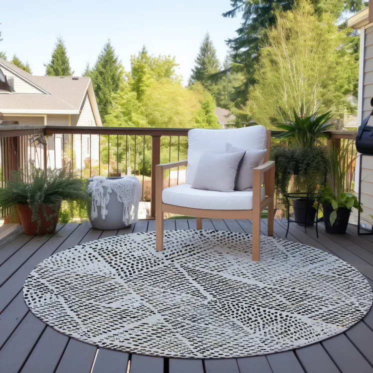 8' Ivory Charcoal And Beige Round Geometric Washable Indoor Outdoor Area Rug