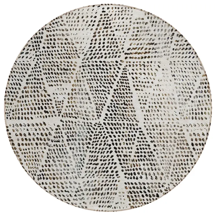 8' Ivory Charcoal And Beige Round Geometric Washable Indoor Outdoor Area Rug