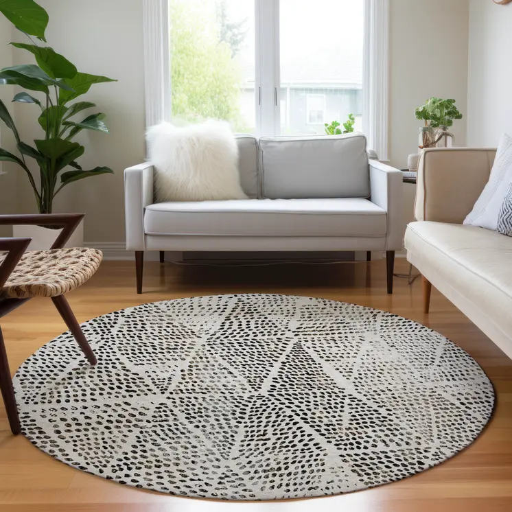 8' Ivory Charcoal And Beige Round Geometric Washable Indoor Outdoor Area Rug