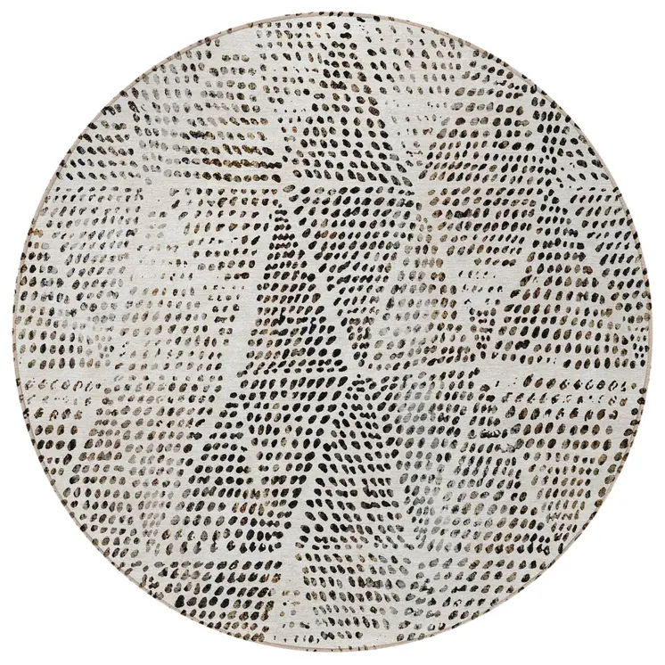 8' Ivory Charcoal And Beige Round Geometric Washable Indoor Outdoor Area Rug