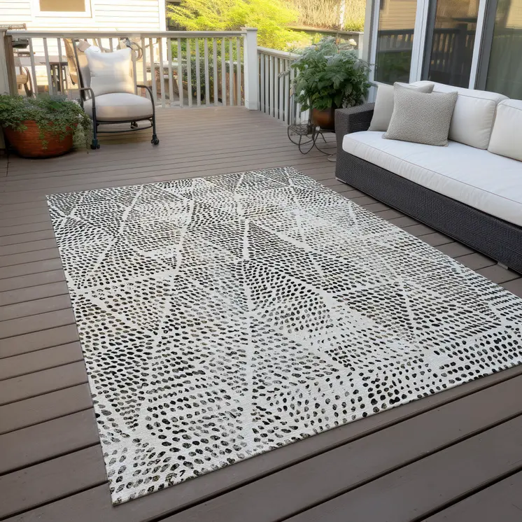 10' X 14' Ivory Charcoal And Beige Geometric Washable Indoor Outdoor Area Rug