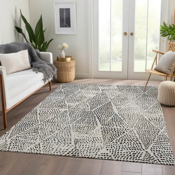 10' X 14' Ivory Charcoal And Beige Geometric Washable Indoor Outdoor Area Rug