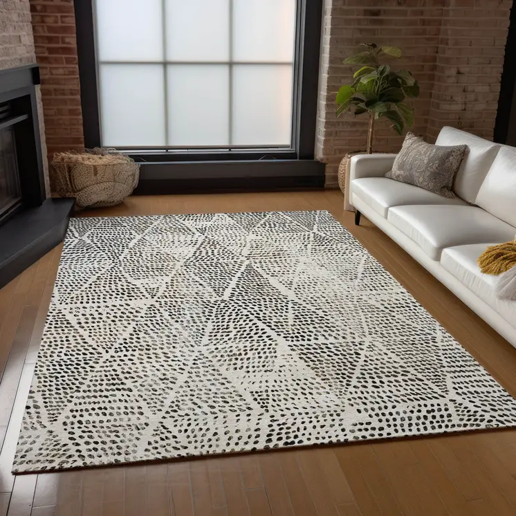 10' X 14' Ivory Charcoal And Beige Geometric Washable Indoor Outdoor Area Rug