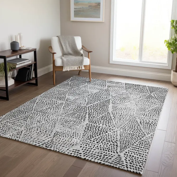 5' X 8' Pewter Charcoal And Ivory Geometric Washable Indoor Outdoor Area Rug