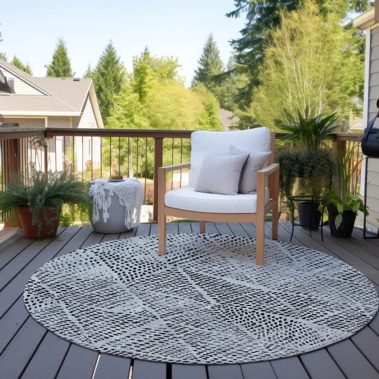 8' Pewter Charcoal And Ivory Round Geometric Washable Indoor Outdoor Area Rug