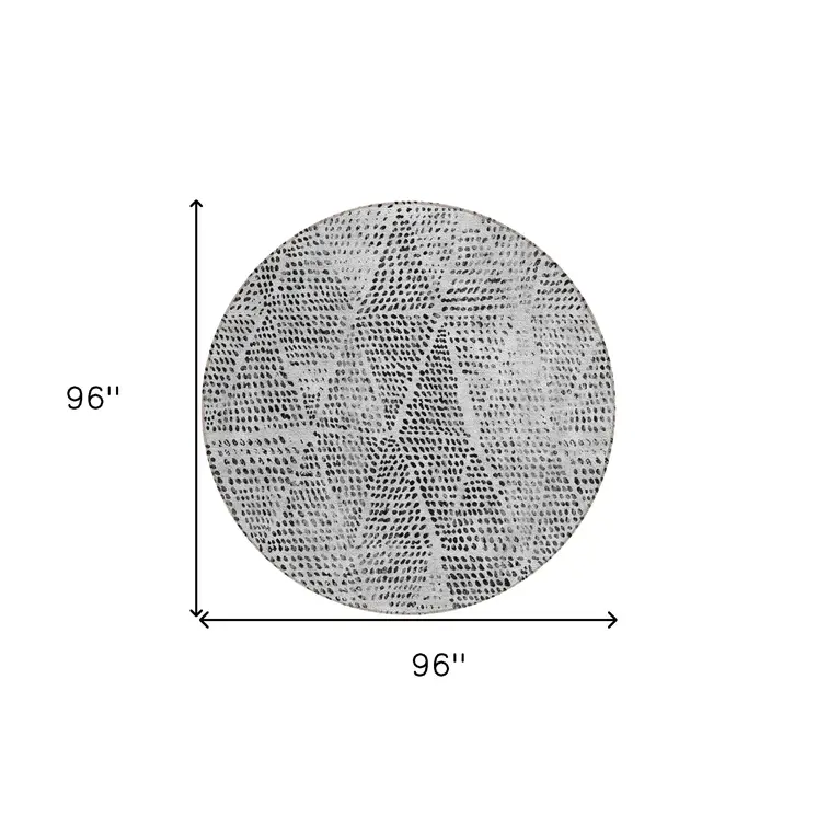 8' Pewter Charcoal And Ivory Round Geometric Washable Indoor Outdoor Area Rug