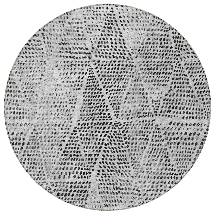 8' Pewter Charcoal And Ivory Round Geometric Washable Indoor Outdoor Area Rug
