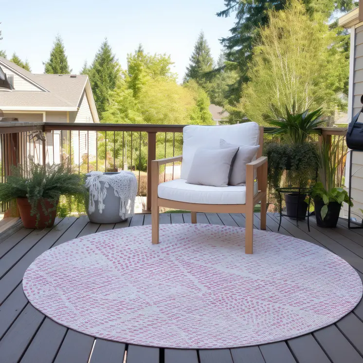 8' Pink And Ivory Round Geometric Washable Indoor Outdoor Area Rug
