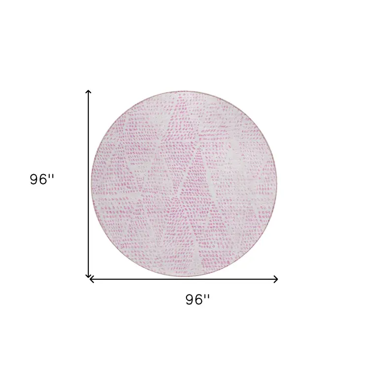 8' Pink And Ivory Round Geometric Washable Indoor Outdoor Area Rug