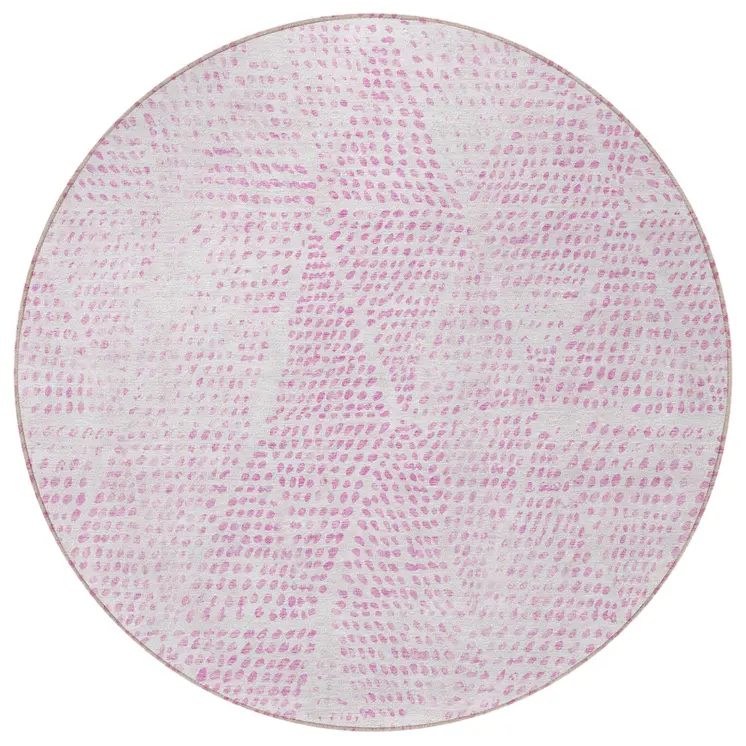 8' Pink And Ivory Round Geometric Washable Indoor Outdoor Area Rug
