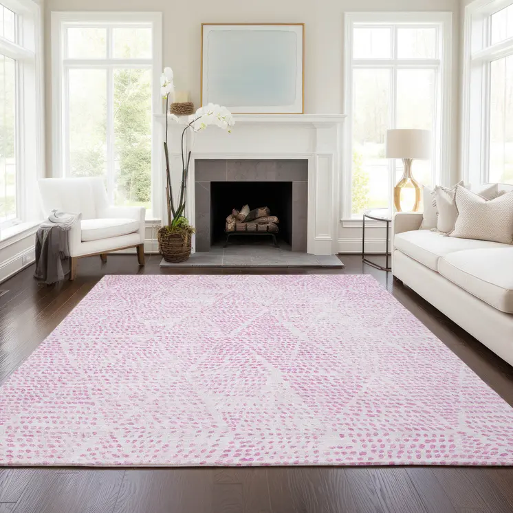 8' X 10' Pink And Ivory Geometric Washable Indoor Outdoor Area Rug