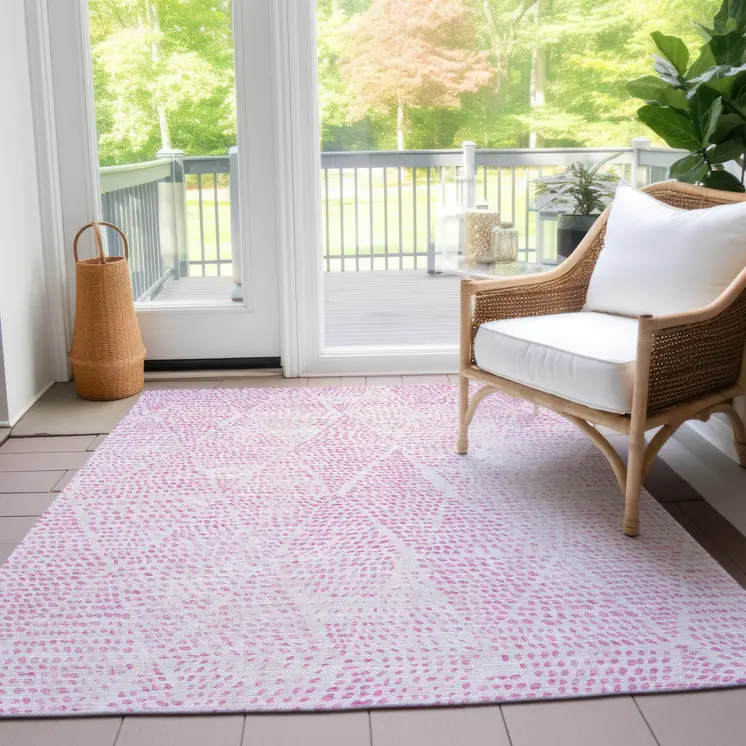 8' X 10' Pink And Ivory Geometric Washable Indoor Outdoor Area Rug