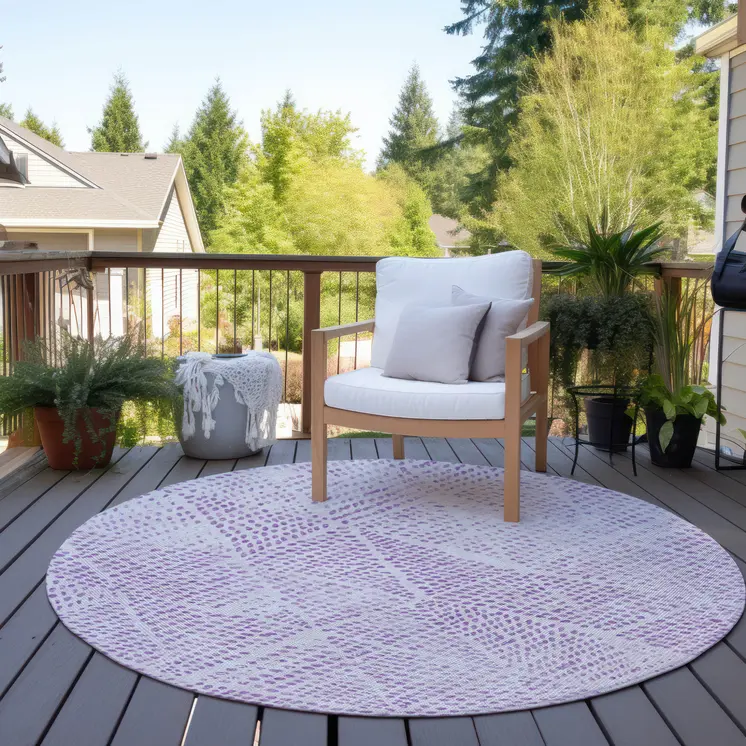 8' Purple And Ivory Round Geometric Washable Indoor Outdoor Area Rug