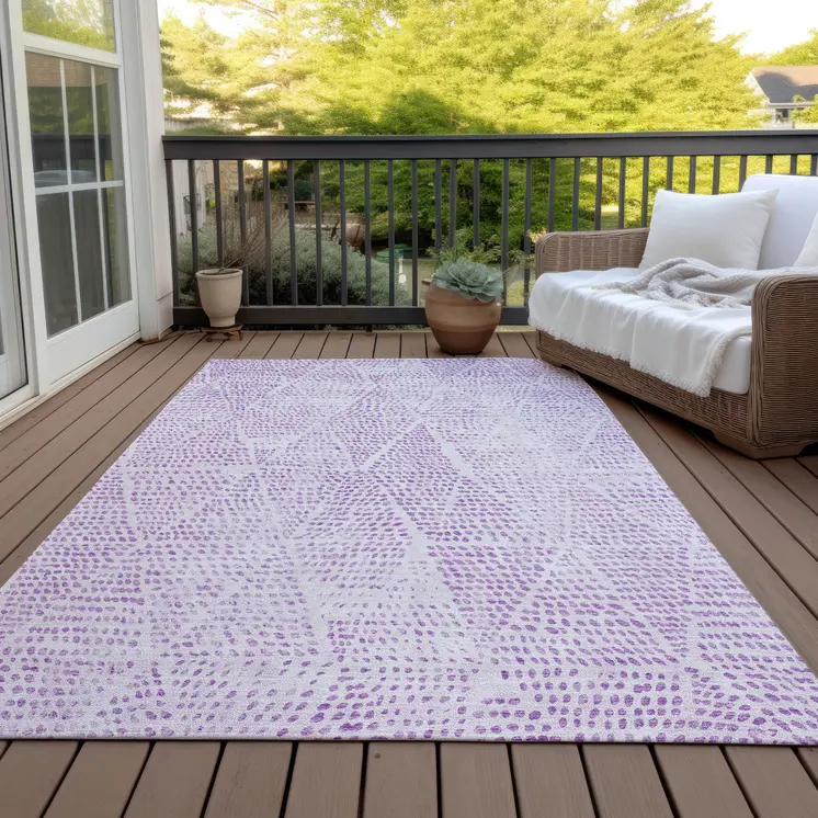 9' X 12' Purple And Ivory Geometric Washable Indoor Outdoor Area Rug