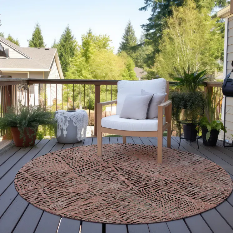 8' Salmon Charcoal And Beige Round Geometric Washable Indoor Outdoor Area Rug