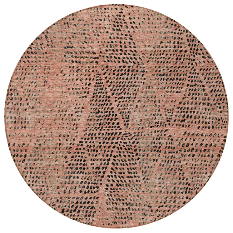 8' Salmon Charcoal And Beige Round Geometric Washable Indoor Outdoor Area Rug