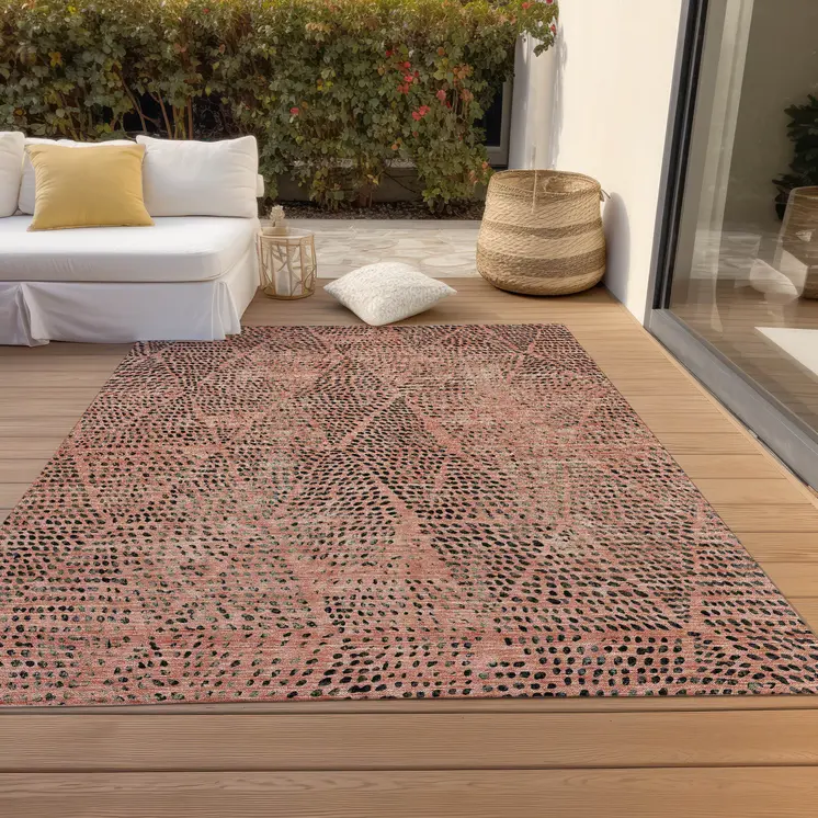 9' X 12' Salmon Charcoal And Beige Geometric Washable Indoor Outdoor Area Rug