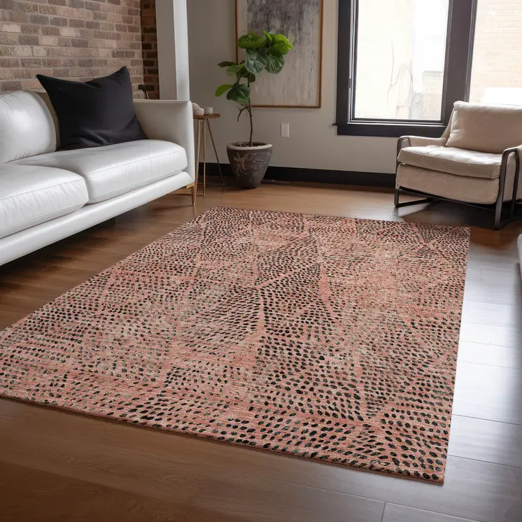9' X 12' Salmon Charcoal And Beige Geometric Washable Indoor Outdoor Area Rug