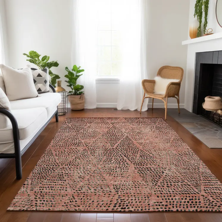 9' X 12' Salmon Charcoal And Beige Geometric Washable Indoor Outdoor Area Rug