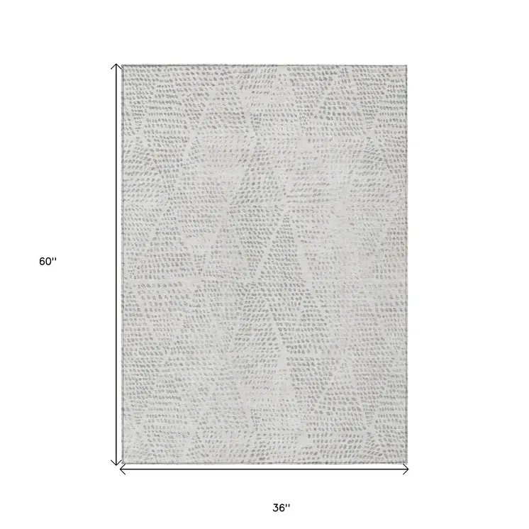 3' X 5' Silver And Ivory Geometric Washable Indoor Outdoor Area Rug