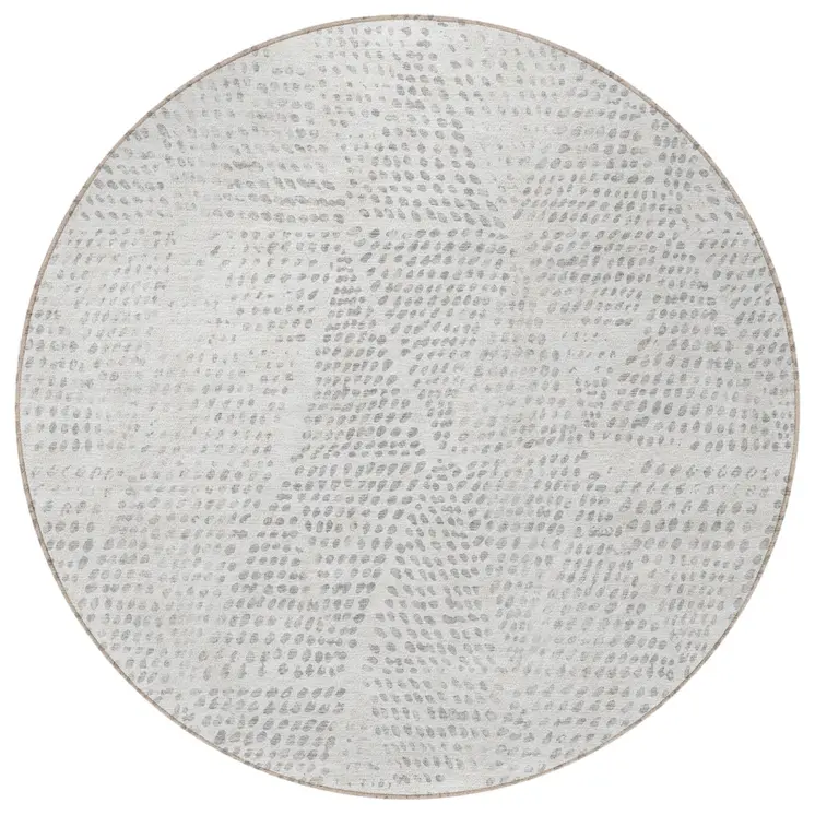 8' Silver And Ivory Round Geometric Washable Indoor Outdoor Area Rug