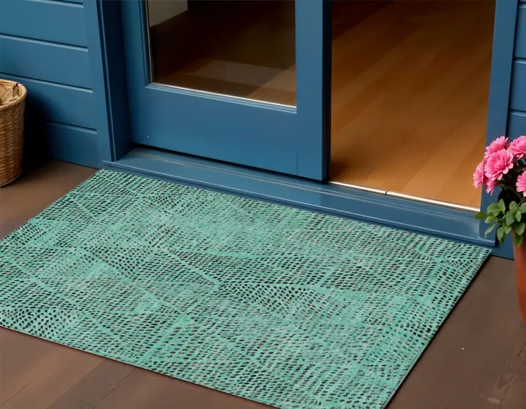 3' X 5' Teal Blue And Charcoal Geometric Washable Indoor Outdoor Area Rug
