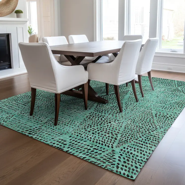 3' X 5' Teal Blue And Charcoal Geometric Washable Indoor Outdoor Area Rug